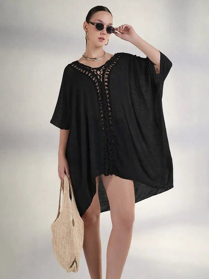 Women's Black Crochet Trim Kaftan Dress