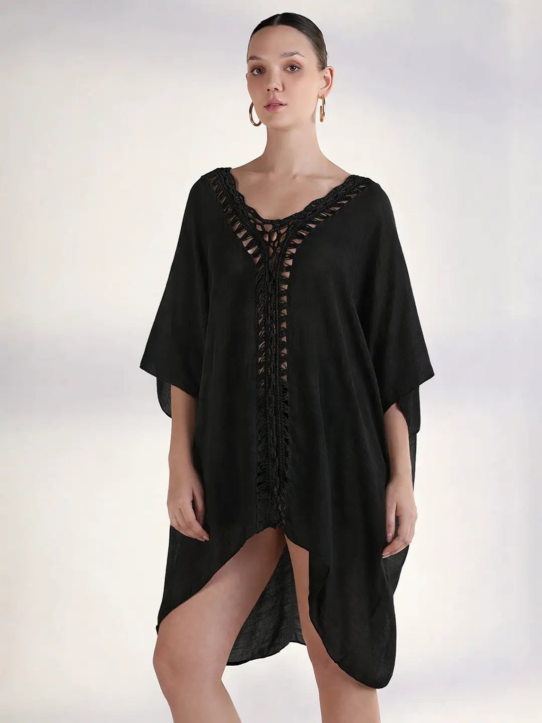 Women's Black Crochet Trim Kaftan Dress