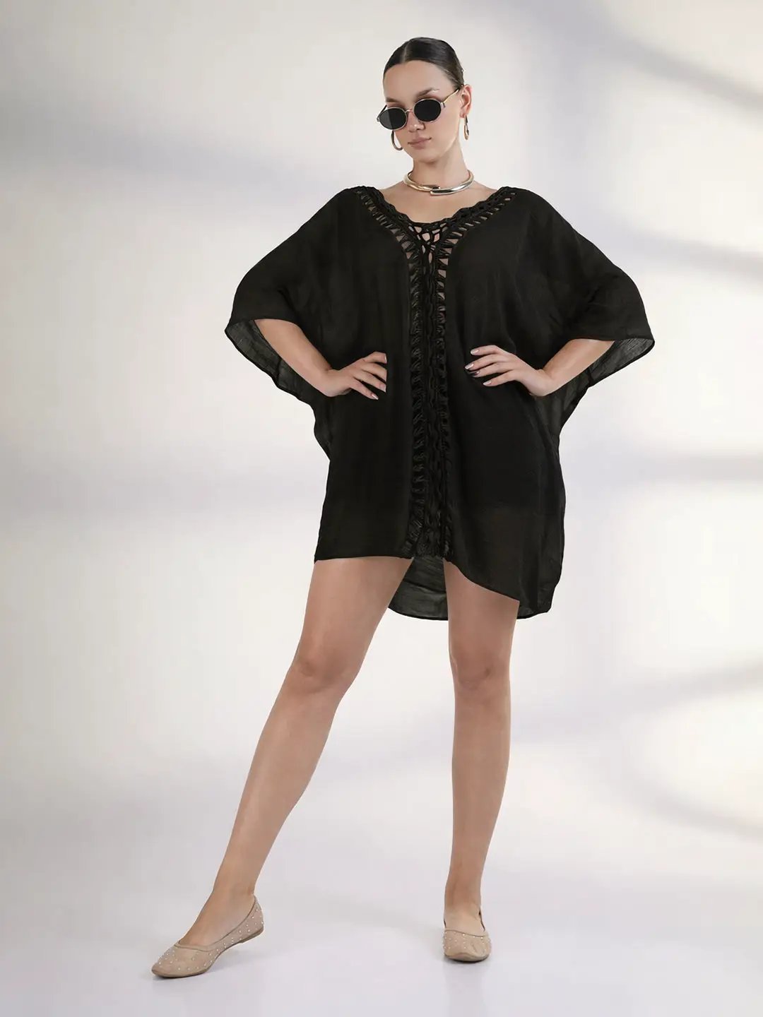 Women's Black Crochet Trim Kaftan Dress