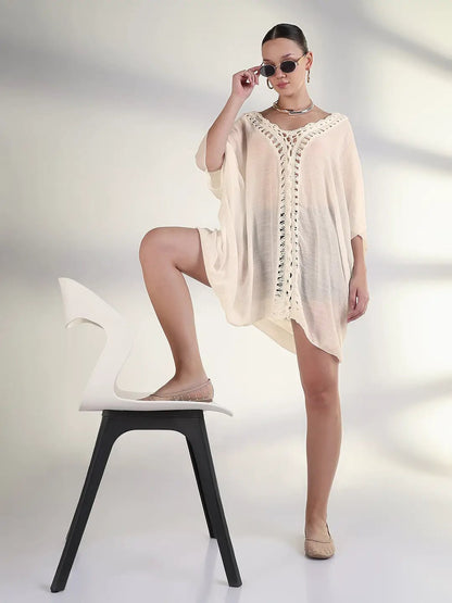 Women's Cream Crochet Trim Kaftan Dress
