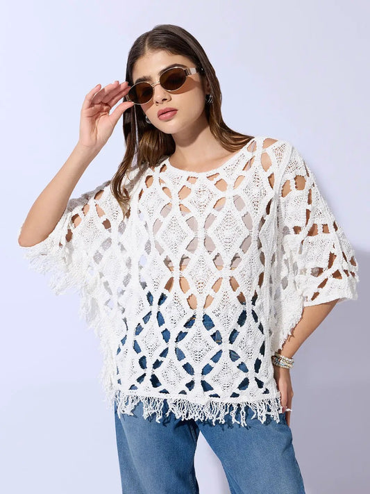 Women's Crochet White Top with Fringe Hem