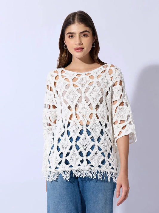 Women's Crochet White Top with Fringe Hem