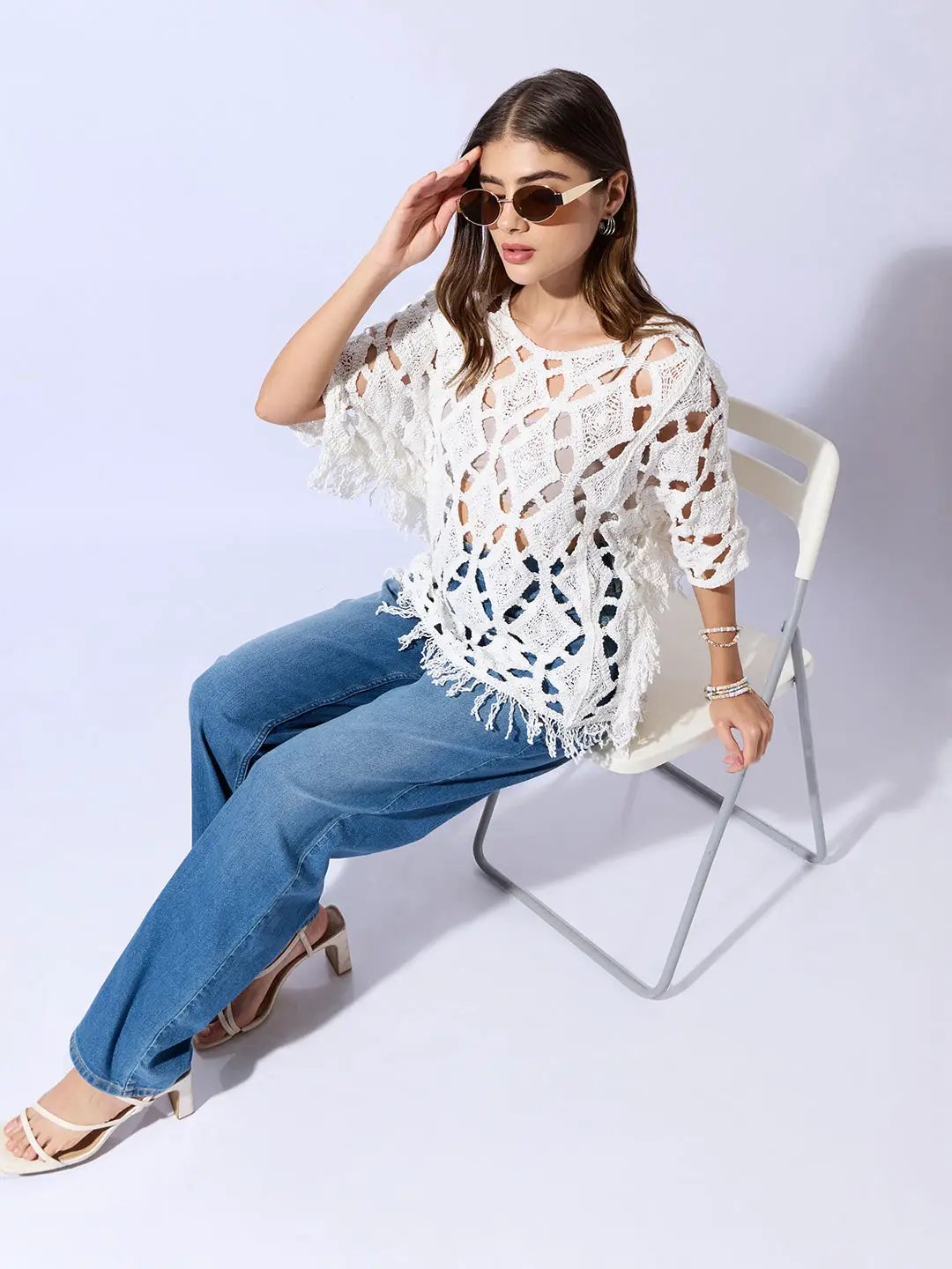Women's Crochet White Top with Fringe Hem