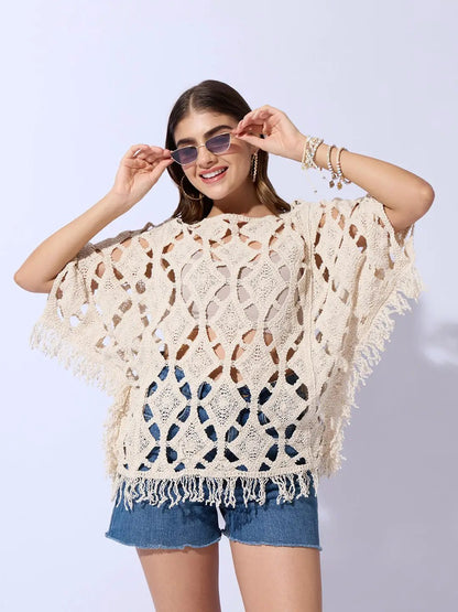 Women's Crochet Cream Top with Fringe Hem