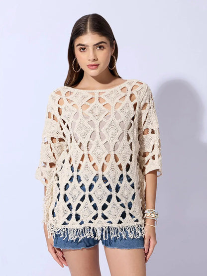 Women's Crochet Cream Top with Fringe Hem