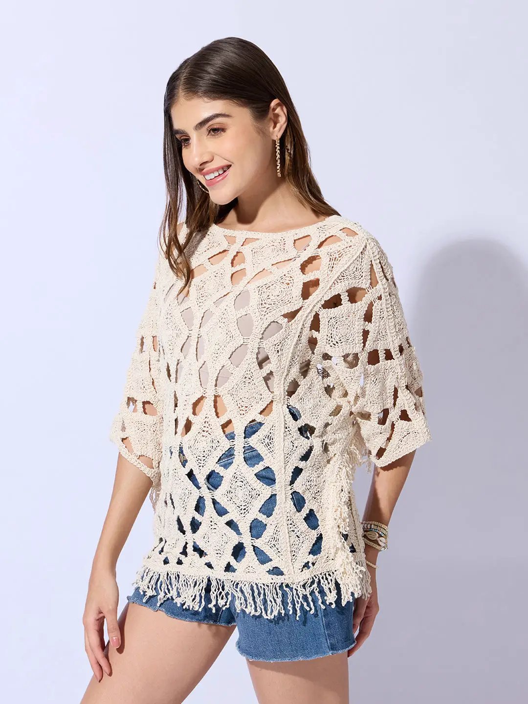 Women's Crochet Cream Top with Fringe Hem
