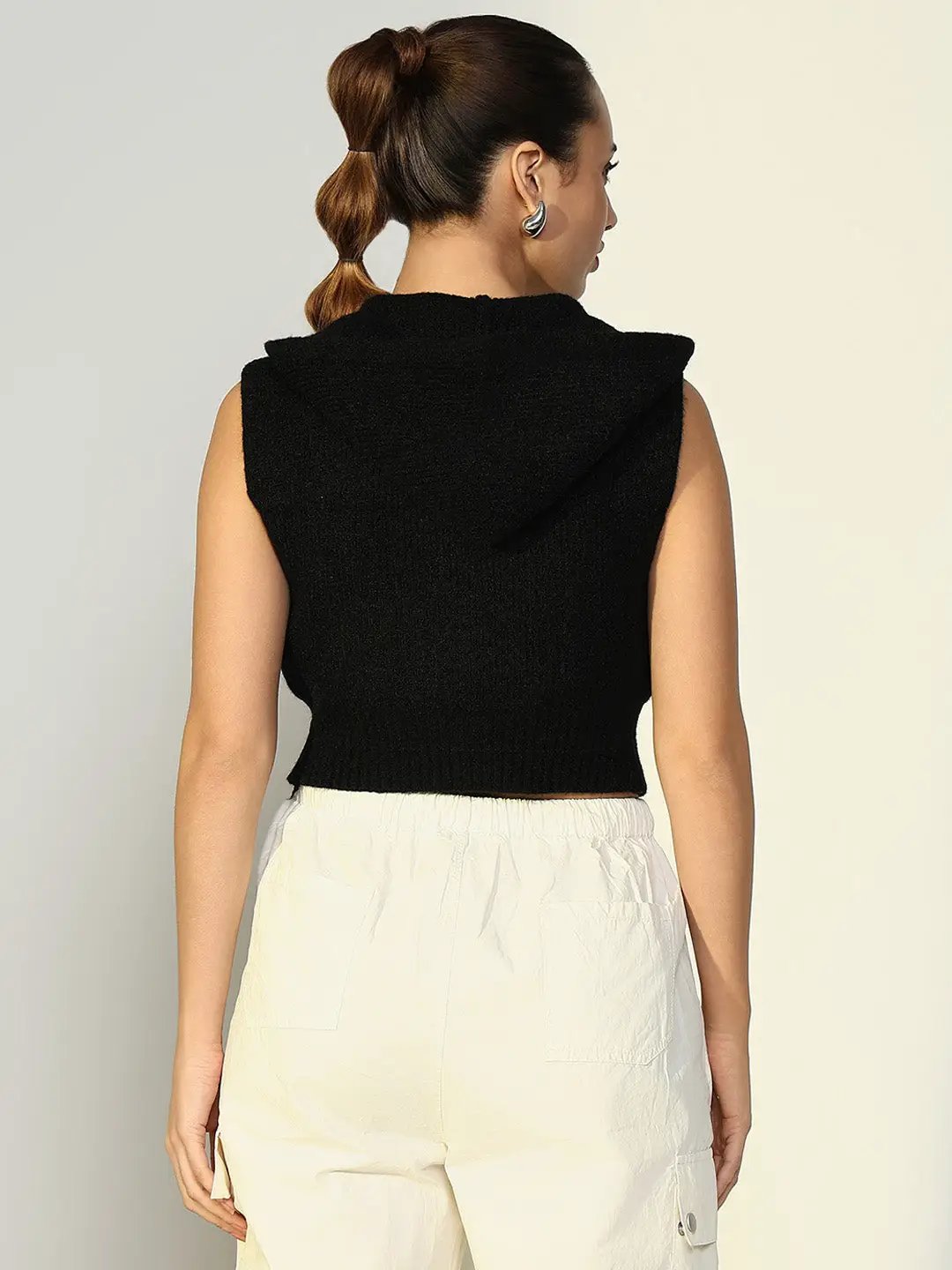 Women's Ribbed Black Hooded Short Top with Zip
