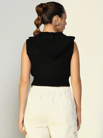 Women's Ribbed Black Hooded Short Top with Zip