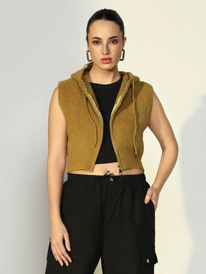 Women's Ribbed Green Hooded Short Top with Zip