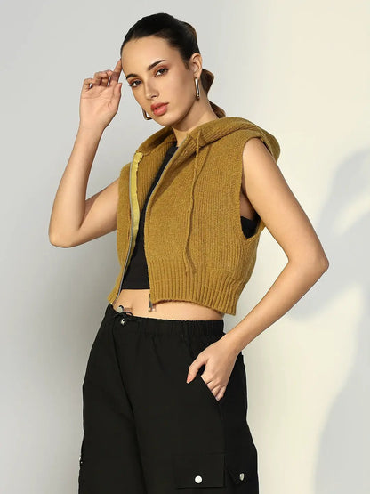 Women's Ribbed Green Hooded Short Top with Zip