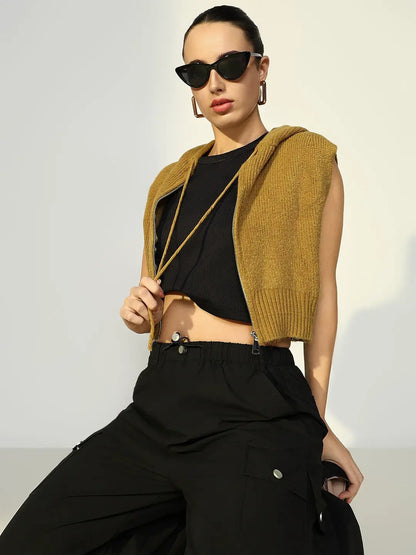 Women's Ribbed Green Hooded Short Top with Zip