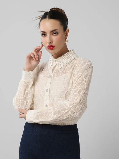 Women's Cream Comfort Floral Semi Sheer Casual Shirt