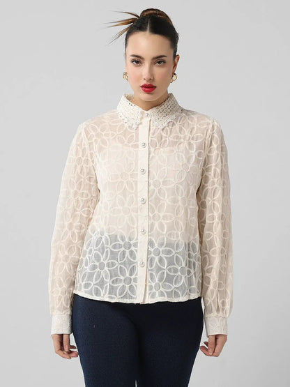 Women's Cream Comfort Floral Semi Sheer Casual Shirt
