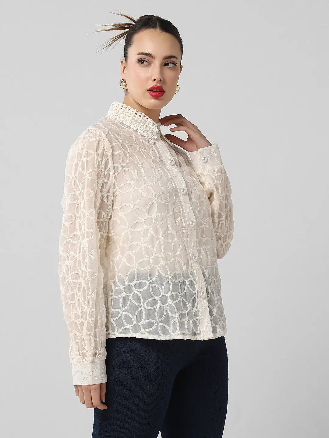 Women's Cream Comfort Floral Semi Sheer Casual Shirt