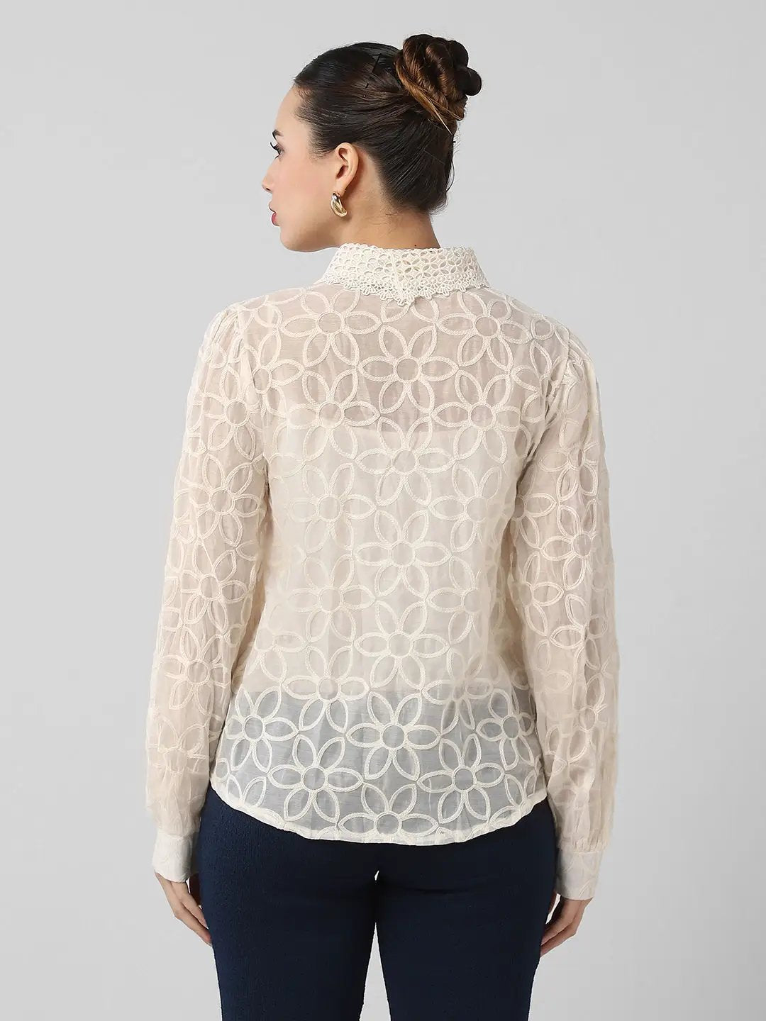 Women's Cream Comfort Floral Semi Sheer Casual Shirt