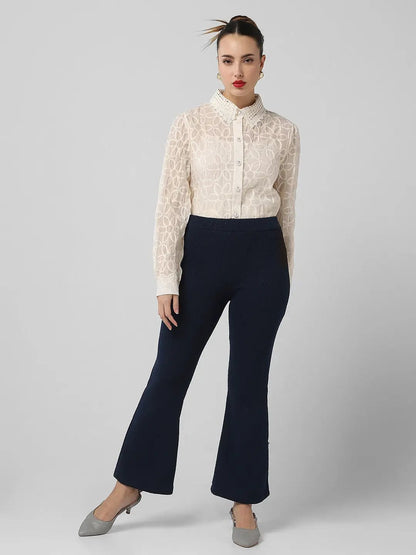 Women's Cream Comfort Floral Semi Sheer Casual Shirt