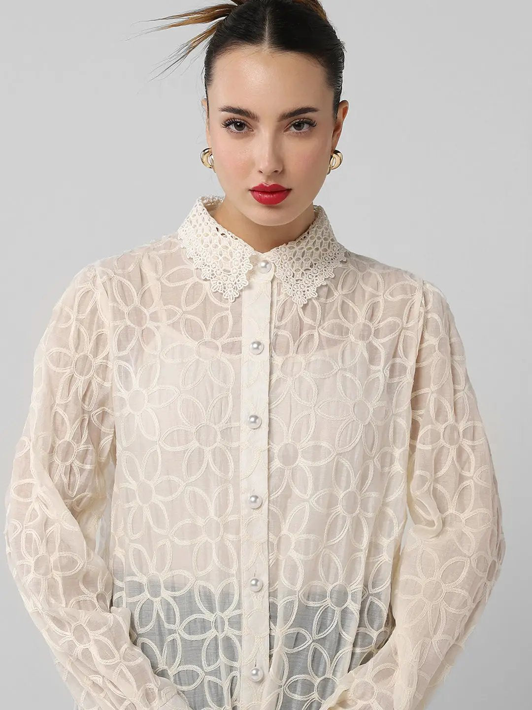 Women's Cream Comfort Floral Semi Sheer Casual Shirt