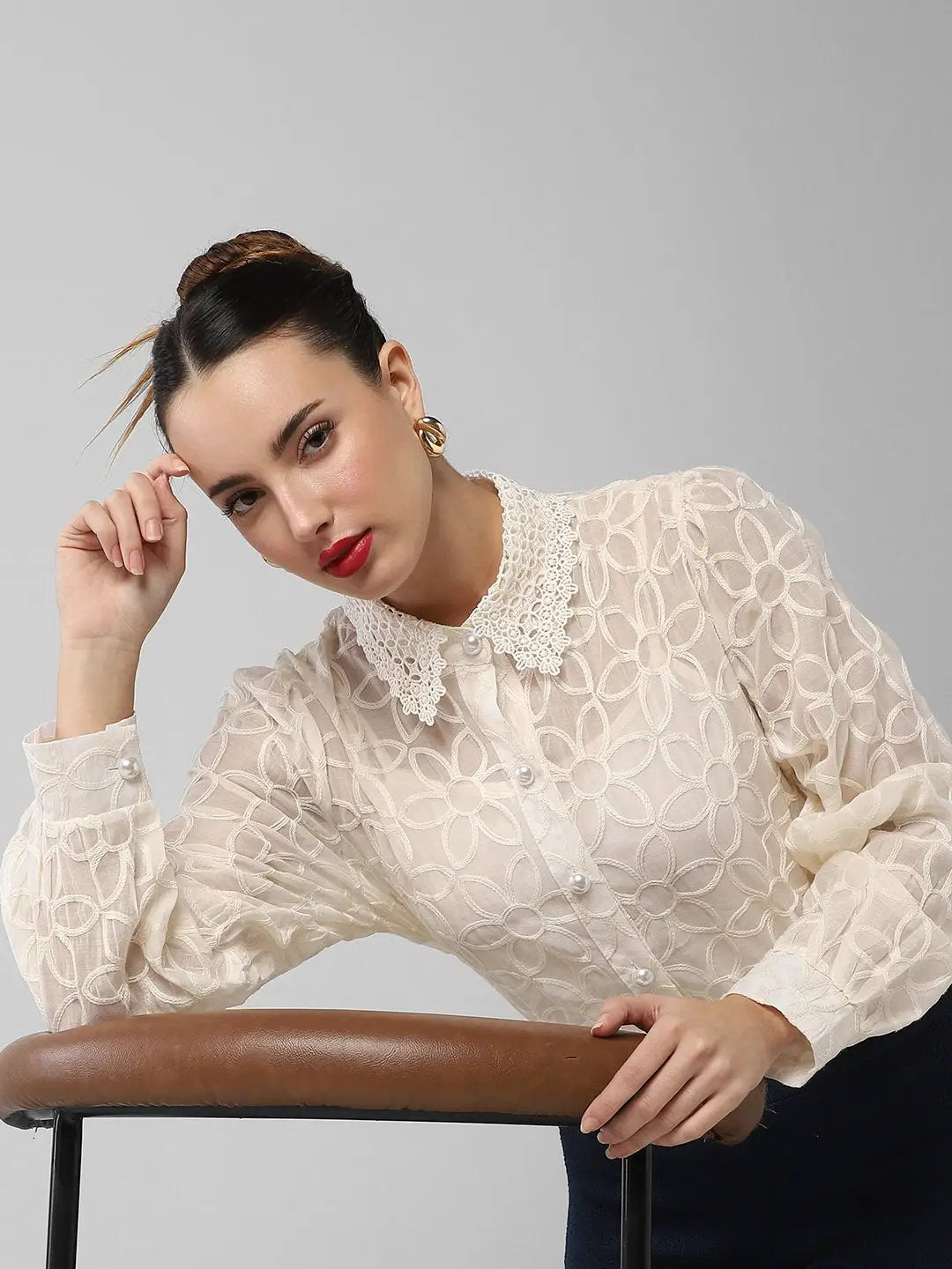 Women's Cream Comfort Floral Semi Sheer Casual Shirt