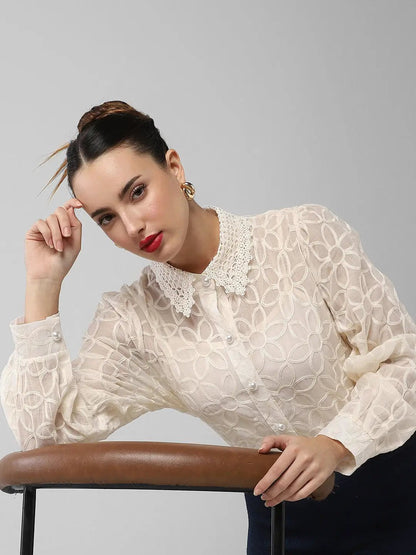 Women's Cream Comfort Floral Semi Sheer Casual Shirt