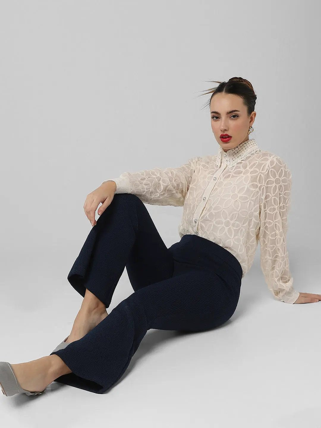 Women's Cream Comfort Floral Semi Sheer Casual Shirt