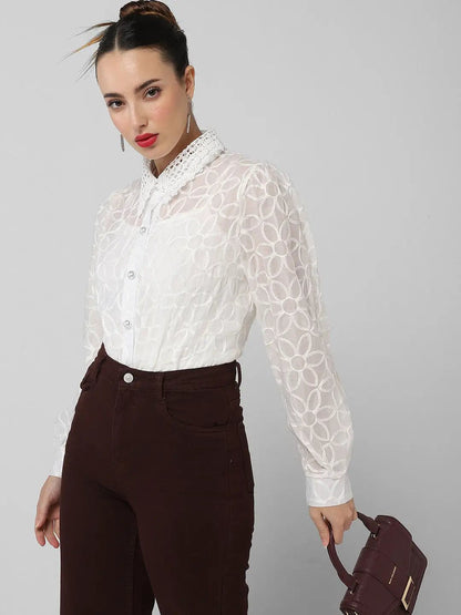 Women's White Comfort Floral Semi Sheer Casual Shirt