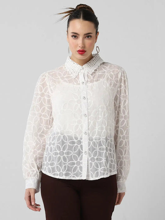 Women's White Comfort Floral Semi Sheer Casual Shirt