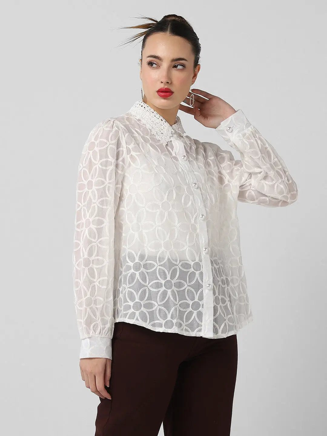 Women's White Comfort Floral Semi Sheer Casual Shirt