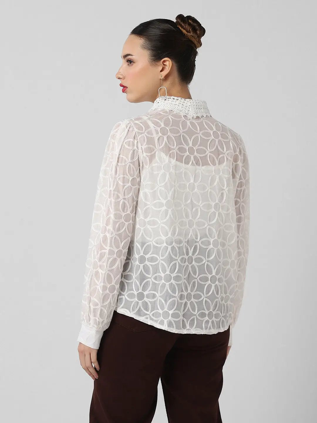 Women's White Comfort Floral Semi Sheer Casual Shirt