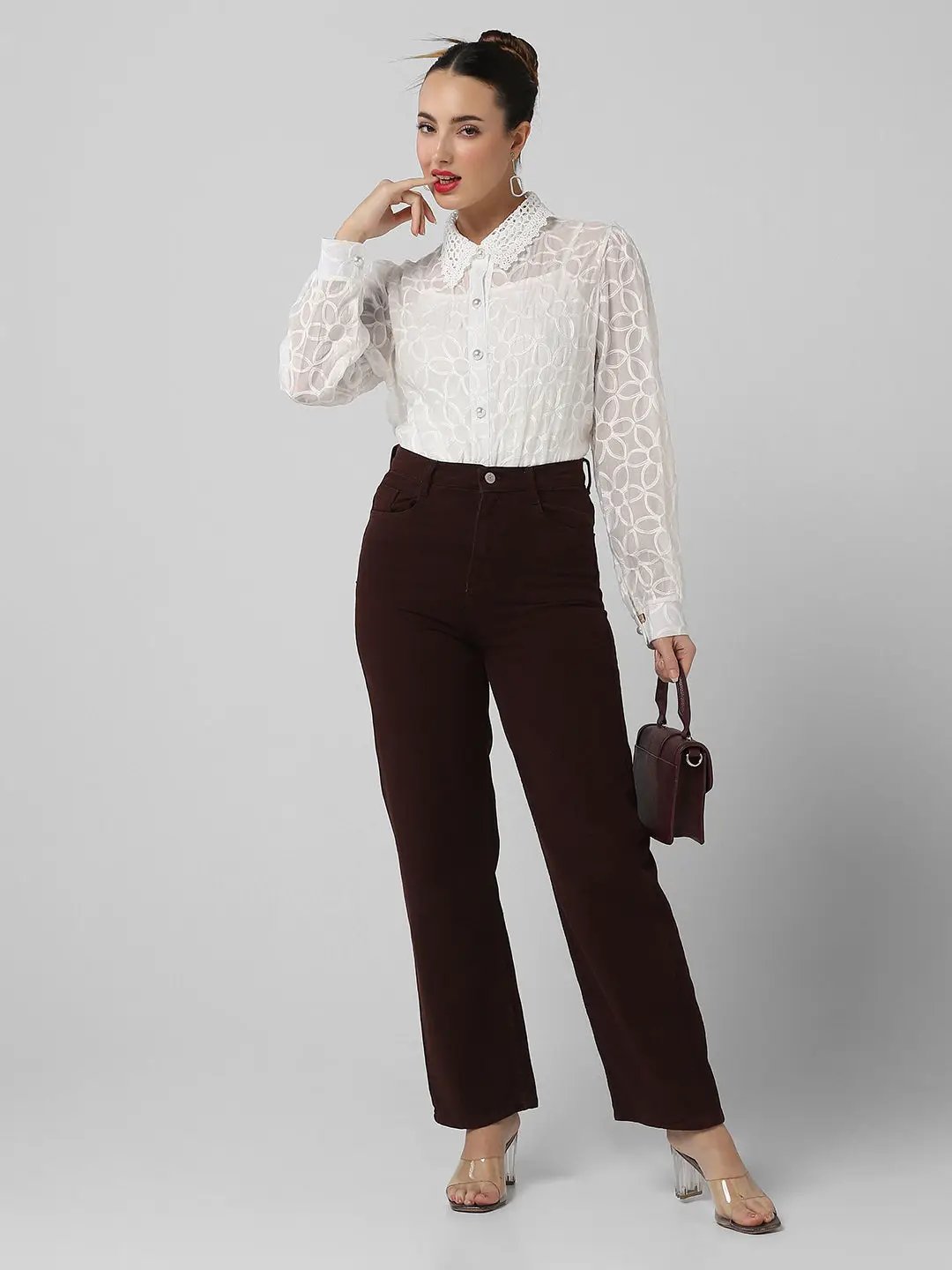 Women's White Comfort Floral Semi Sheer Casual Shirt