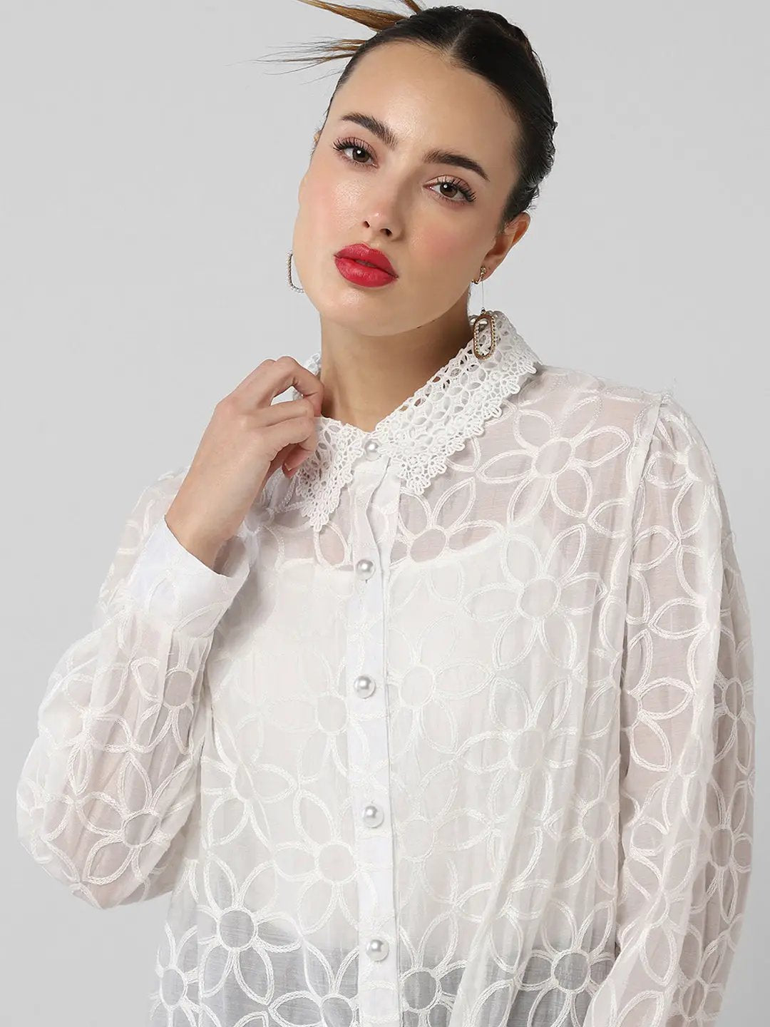 Women's White Comfort Floral Semi Sheer Casual Shirt