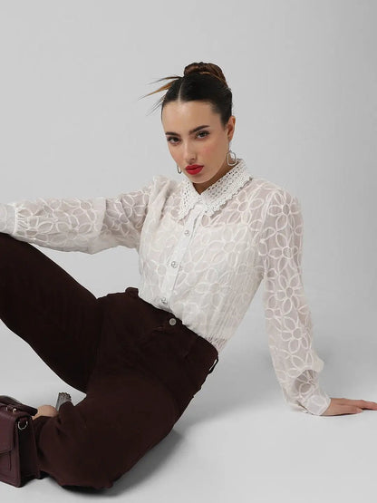 Women's White Comfort Floral Semi Sheer Casual Shirt