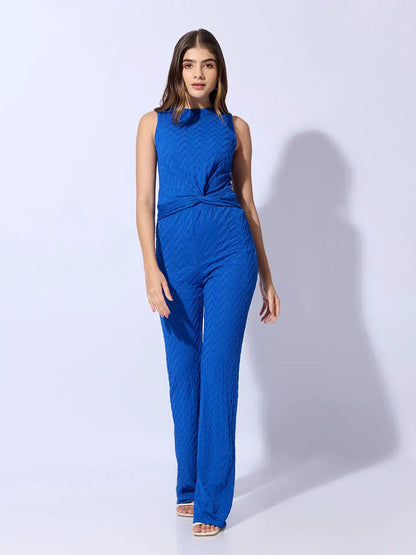 Women's Textured Blue Knot Styled Crop Top with Trouser Co-Ord Set