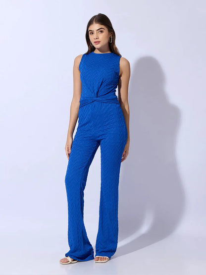 Women's Textured Blue Knot Styled Crop Top with Trouser Co-Ord Set