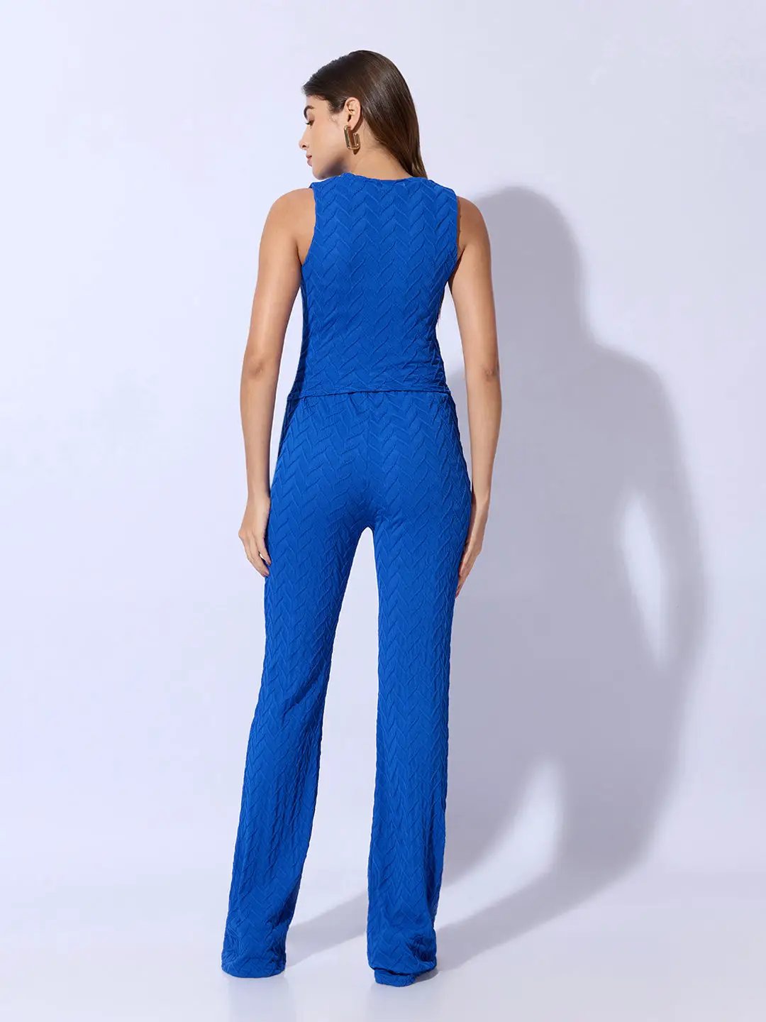 Women's Textured Blue Knot Styled Crop Top with Trouser Co-Ord Set