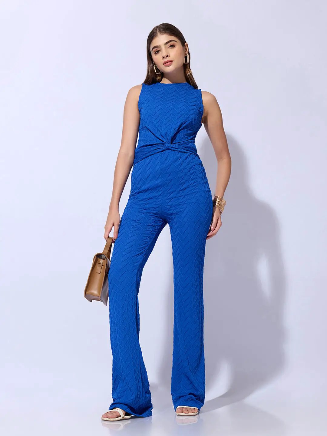 Women's Textured Blue Knot Styled Crop Top with Trouser Co-Ord Set