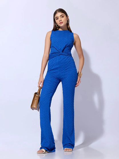 Women's Textured Blue Knot Styled Crop Top with Trouser Co-Ord Set