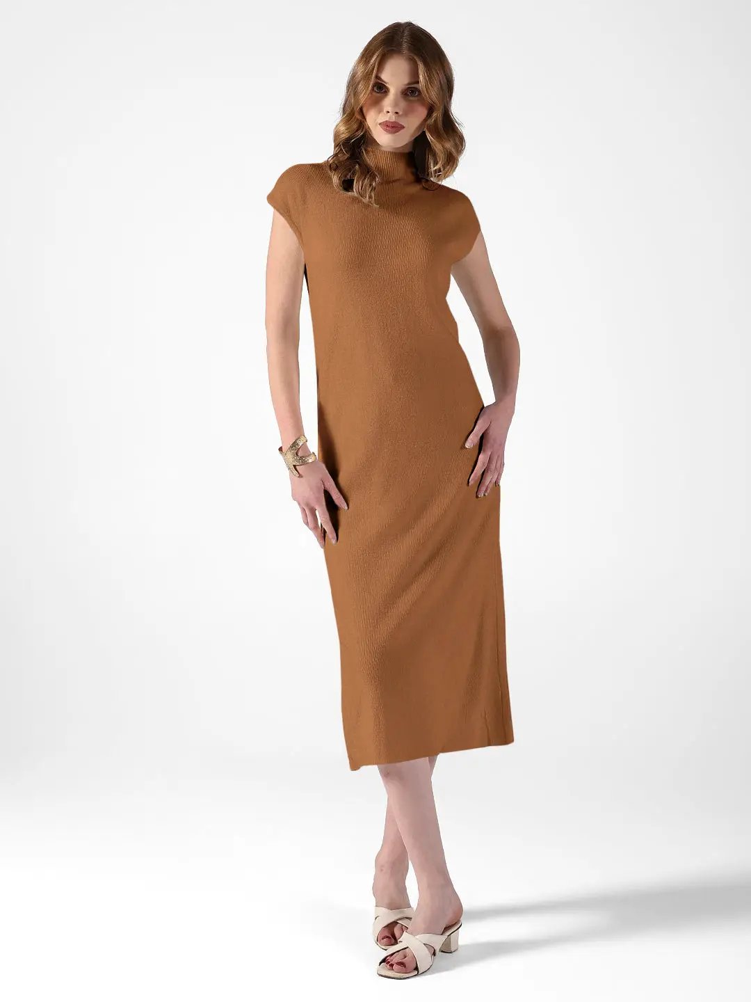 Women's Ribbed Brown High Neck Dress