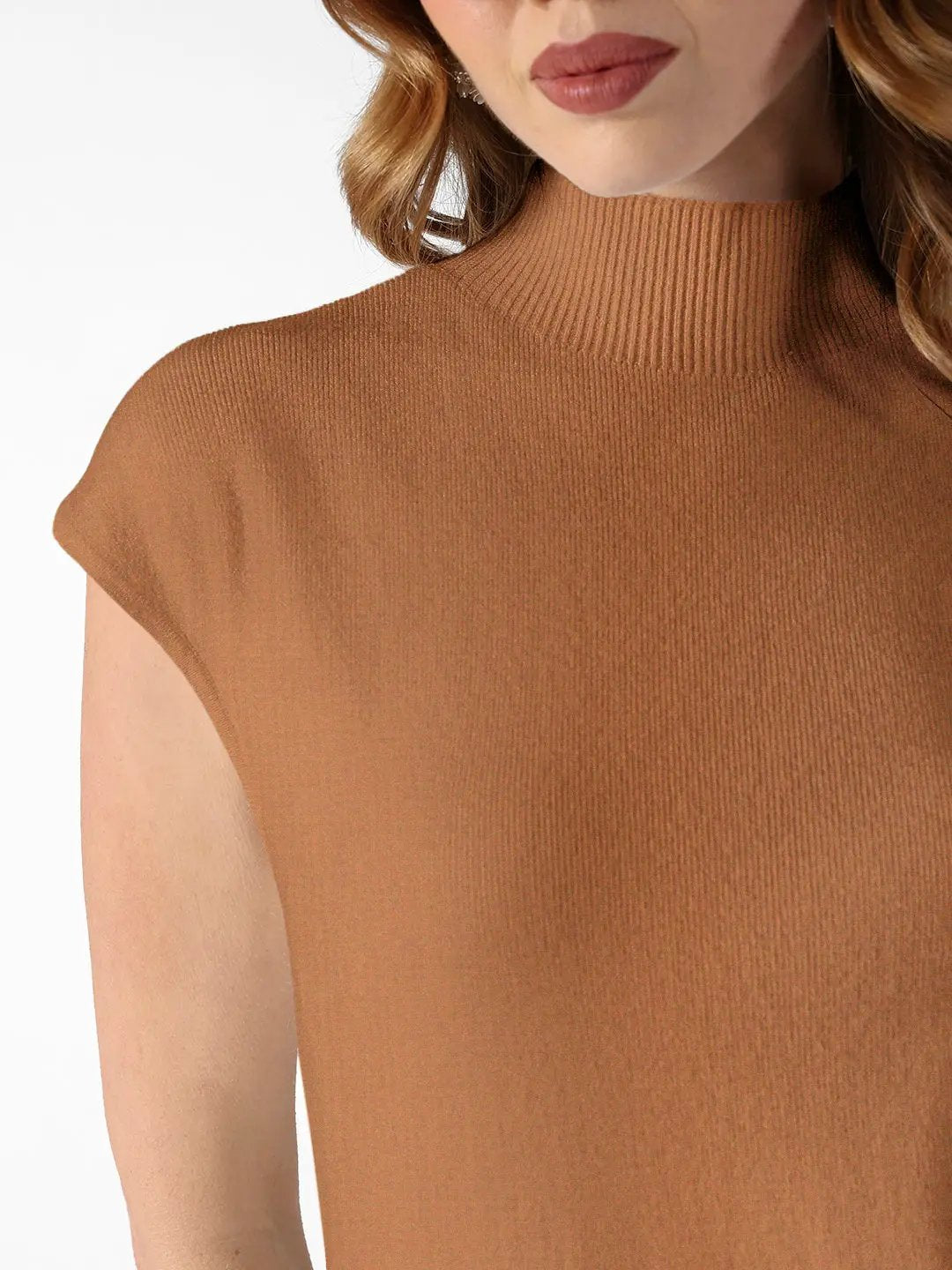Women's Ribbed Brown High Neck Dress