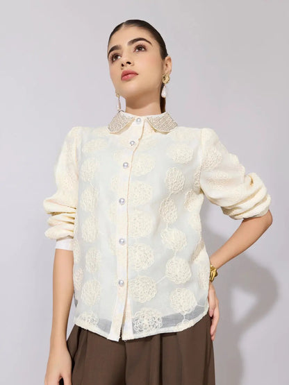 Women's Textured Floral Cream Shirt with Embellished Collar