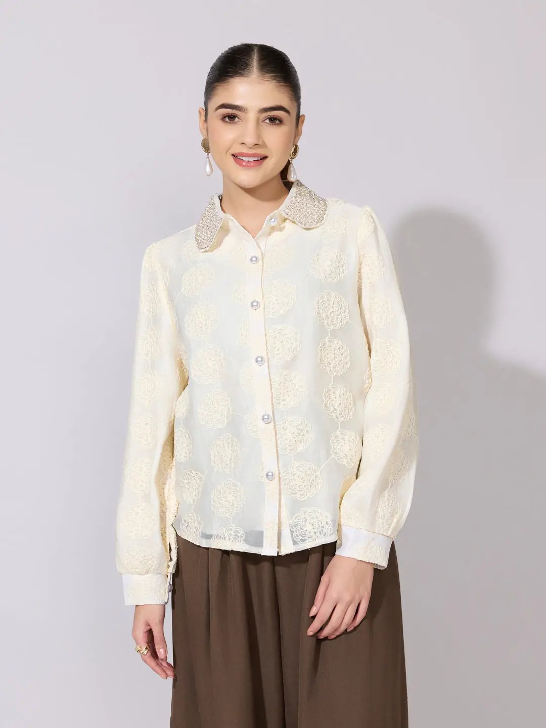 Women's Textured Floral Cream Shirt with Embellished Collar