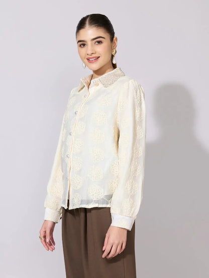 Women's Textured Floral Cream Shirt with Embellished Collar