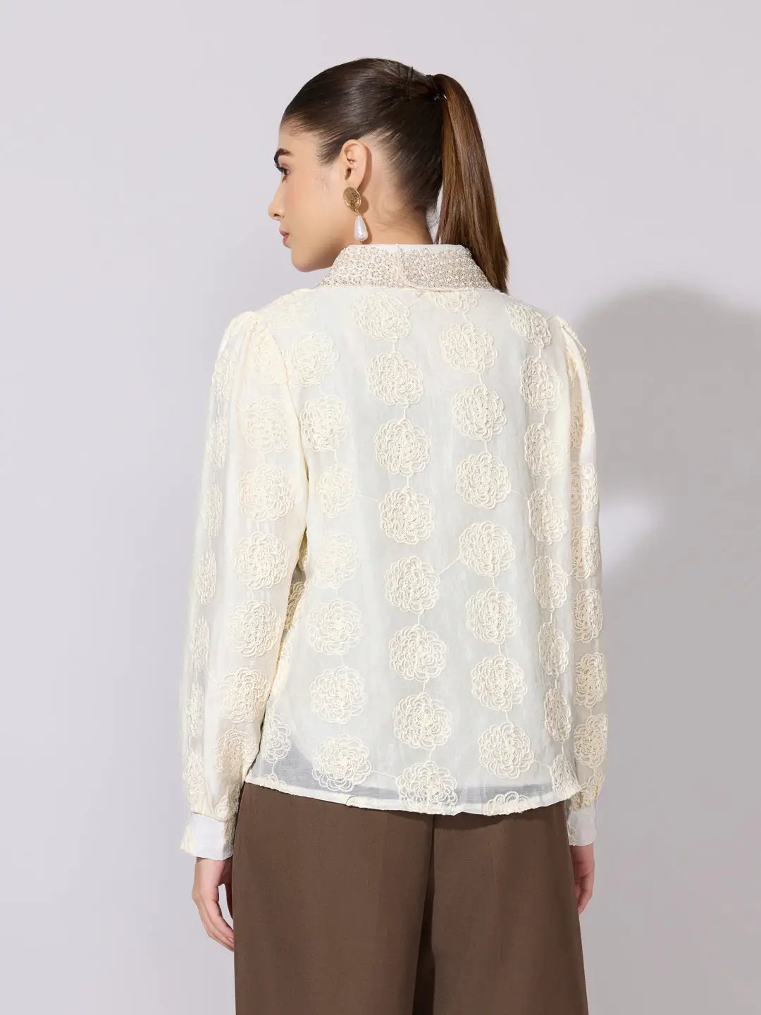 Women's Textured Floral Cream Shirt with Embellished Collar