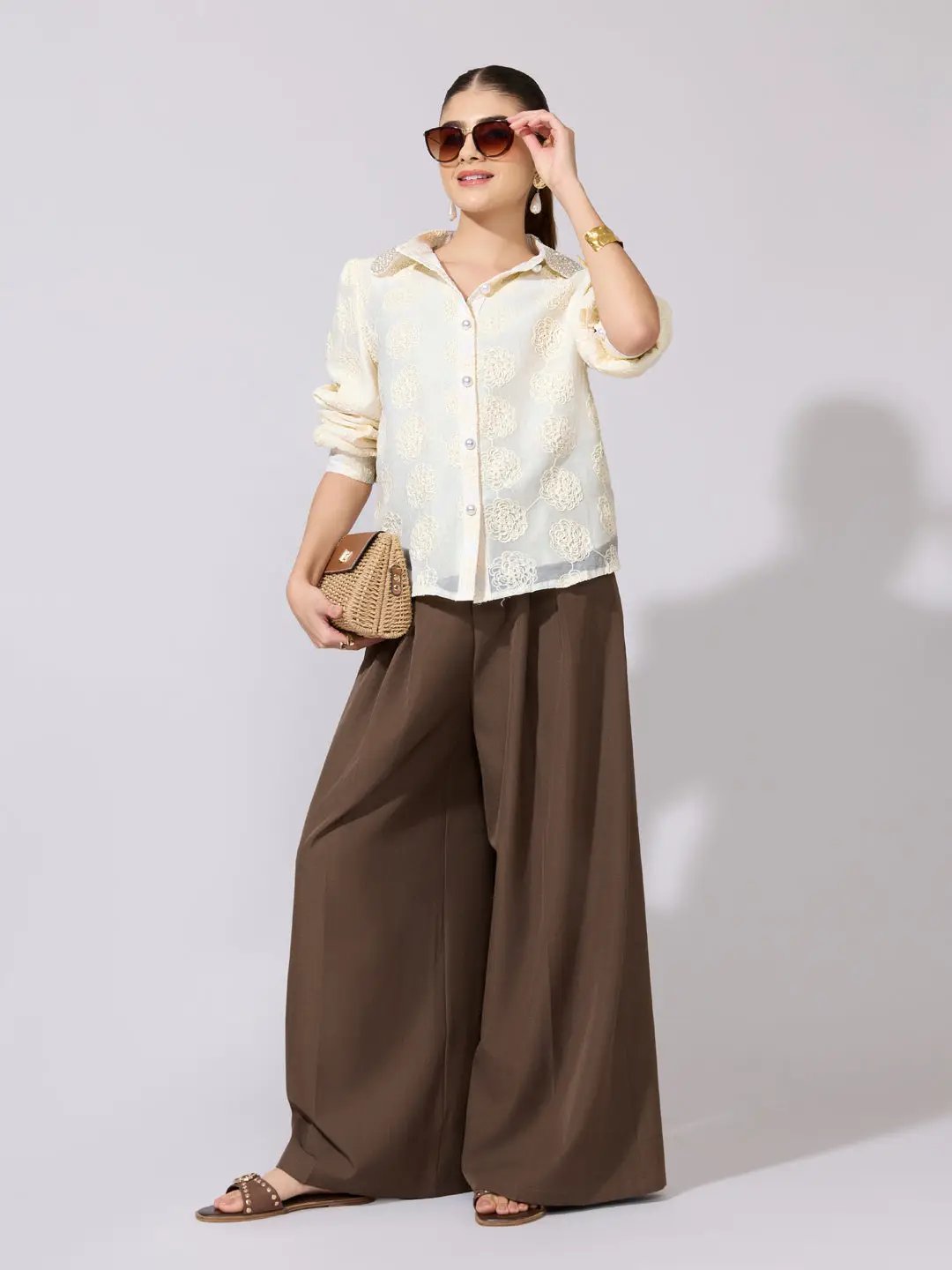 Women's Textured Floral Cream Shirt with Embellished Collar