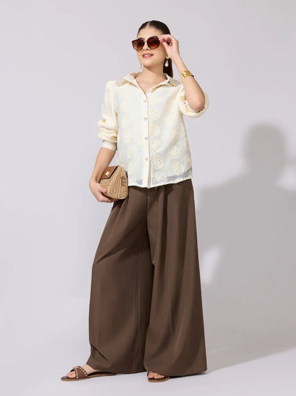 Women's Textured Floral Cream Shirt with Embellished Collar