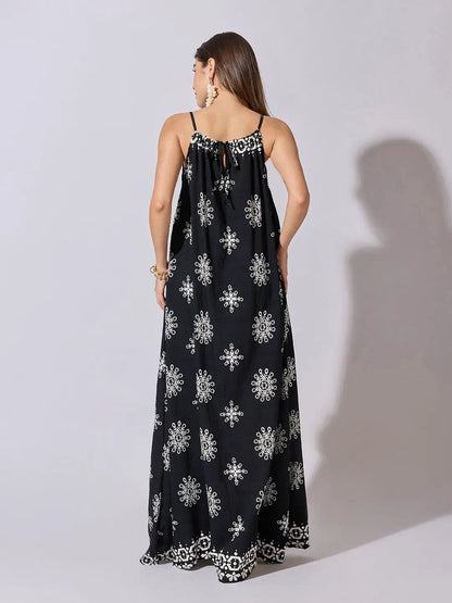 Women's Printed Black Halter Neck Maxi Dress