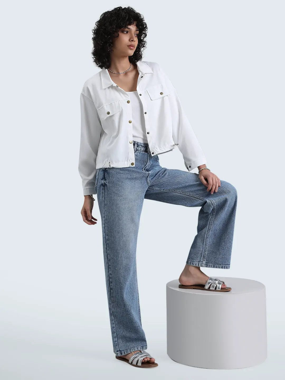 Women's White Button Down Utility Shirt with Flap Pockets