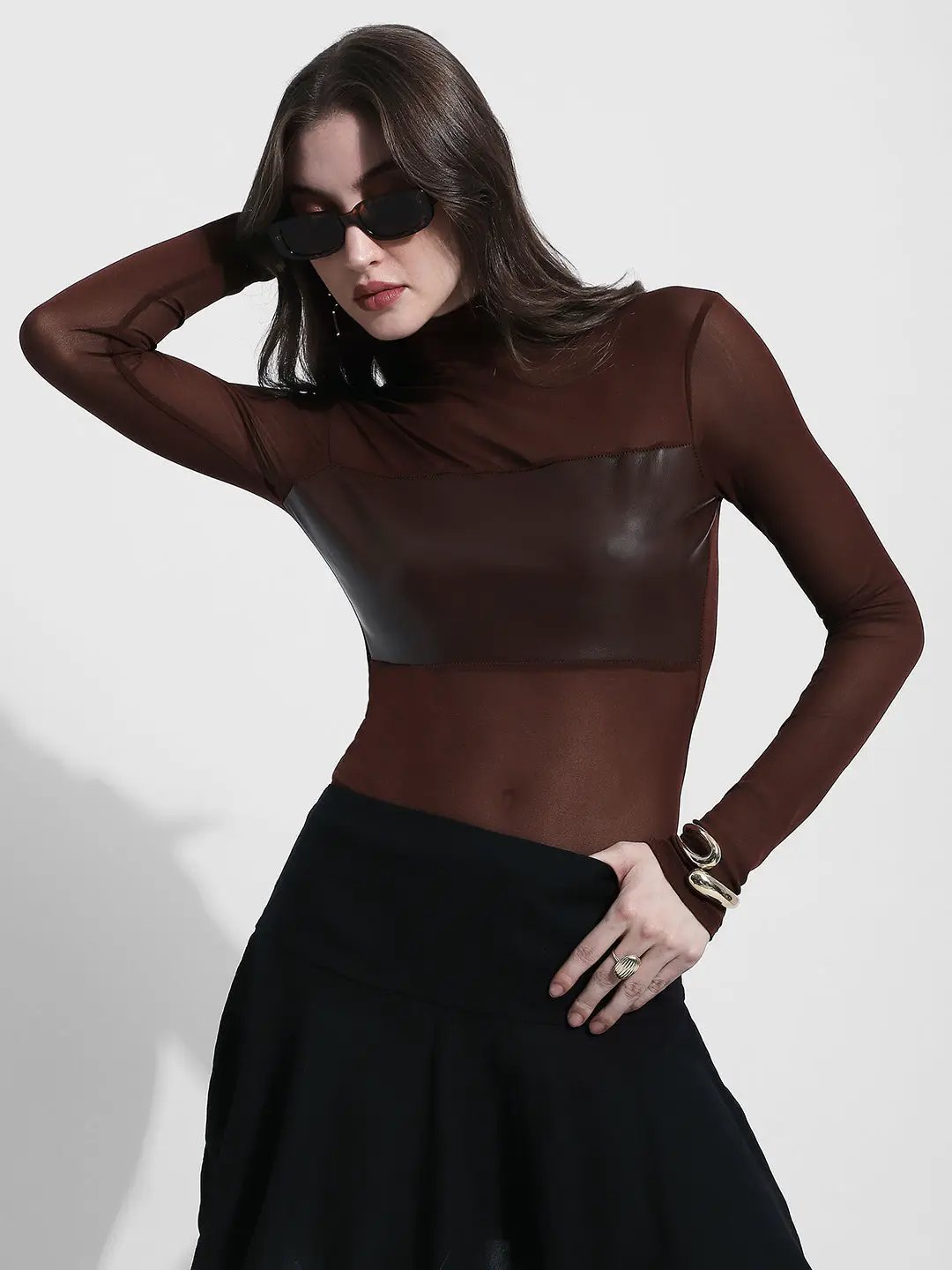 Women's Brown Sheer High Neck Long Sleeve Top