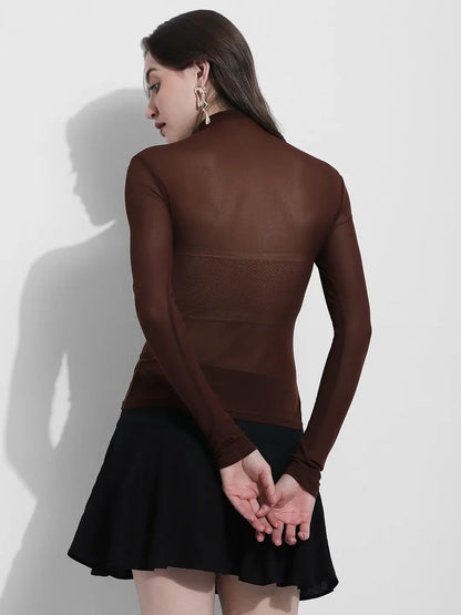 Women's Brown Sheer High Neck Long Sleeve Top