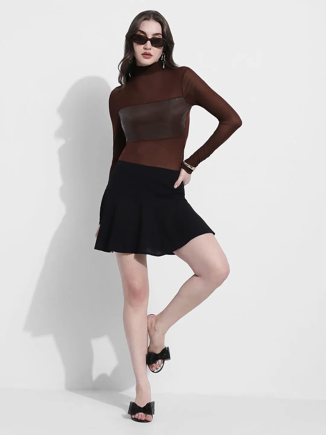Women's Brown Sheer High Neck Long Sleeve Top