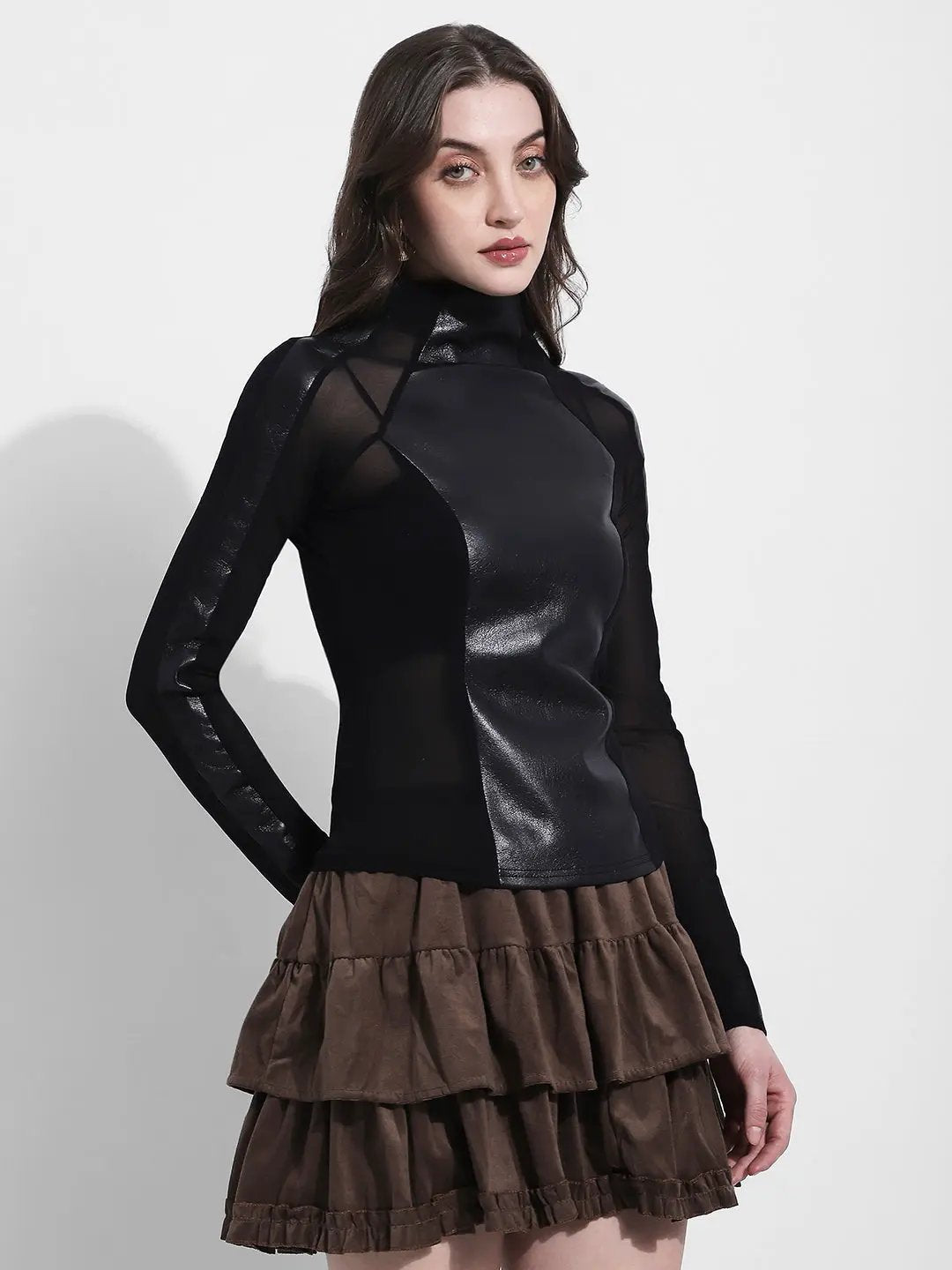 Women's Black Faux Leather Sheer Panel Mesh Top